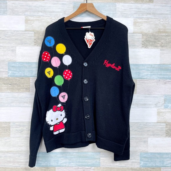 Hypland Hello Kitty Balloon Knit Oversized Cardigan Black Wool Womens Medium - Picture 1 of 7
